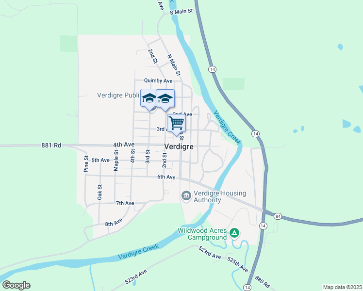 map of restaurants, bars, coffee shops, grocery stores, and more near North Main Street in Verdigre
