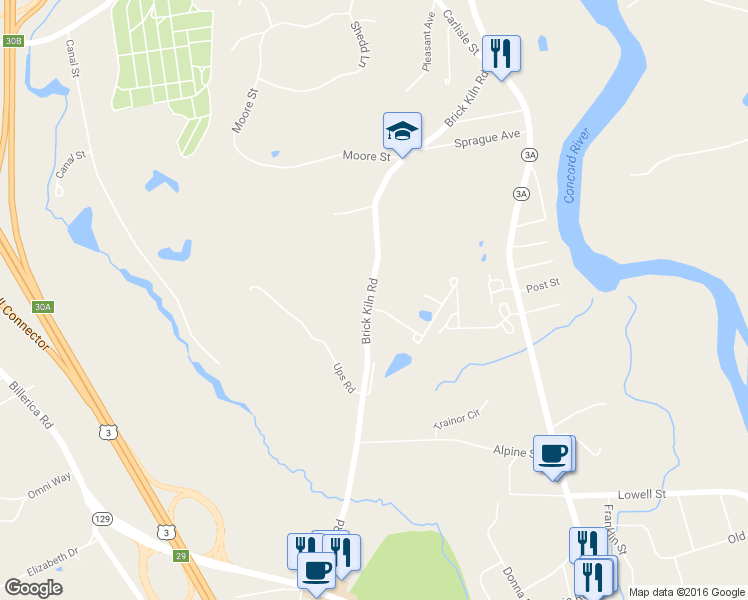 map of restaurants, bars, coffee shops, grocery stores, and more near 82 Brick Kiln Road in Chelmsford