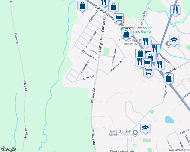 map of restaurants, bars, coffee shops, grocery stores, and more near 59 Phillips Road in Rensselaer