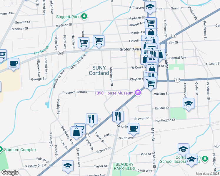 map of restaurants, bars, coffee shops, grocery stores, and more near 53 Prospect Terrace in Cortland