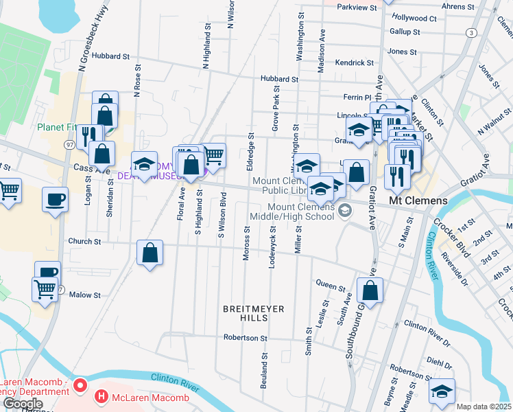 map of restaurants, bars, coffee shops, grocery stores, and more near 17 Moross Street in Mount Clemens