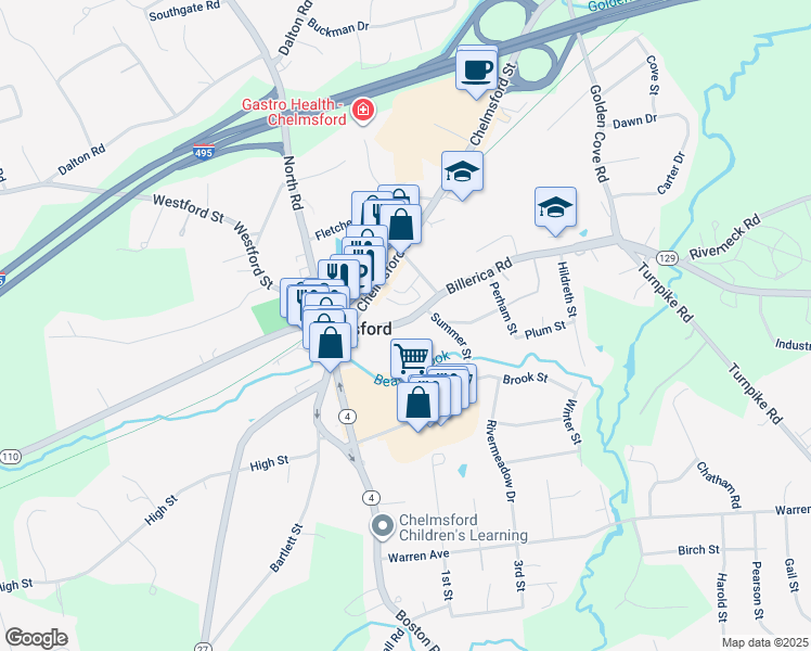map of restaurants, bars, coffee shops, grocery stores, and more near 23 Massachusetts 129 in Chelmsford