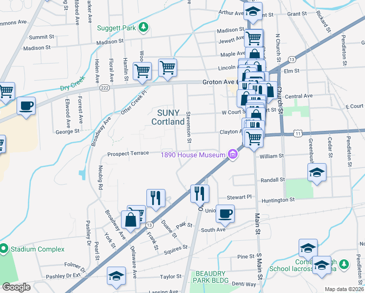 map of restaurants, bars, coffee shops, grocery stores, and more near 53 Prospect Terrace in Cortland