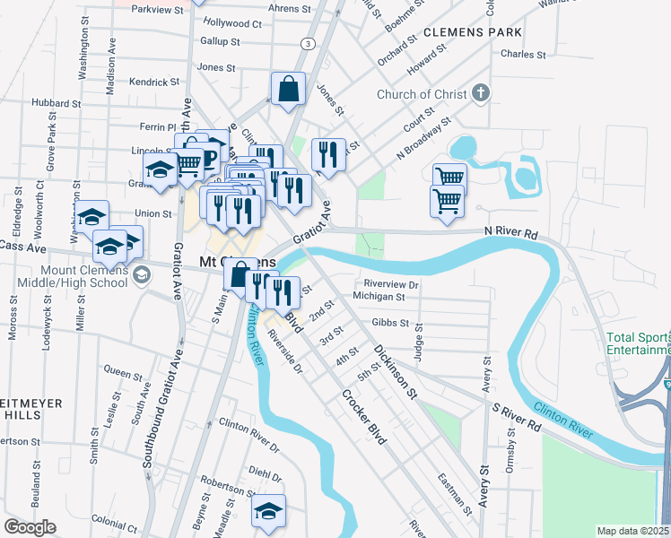 map of restaurants, bars, coffee shops, grocery stores, and more near 21 Dickinson Street in Mount Clemens