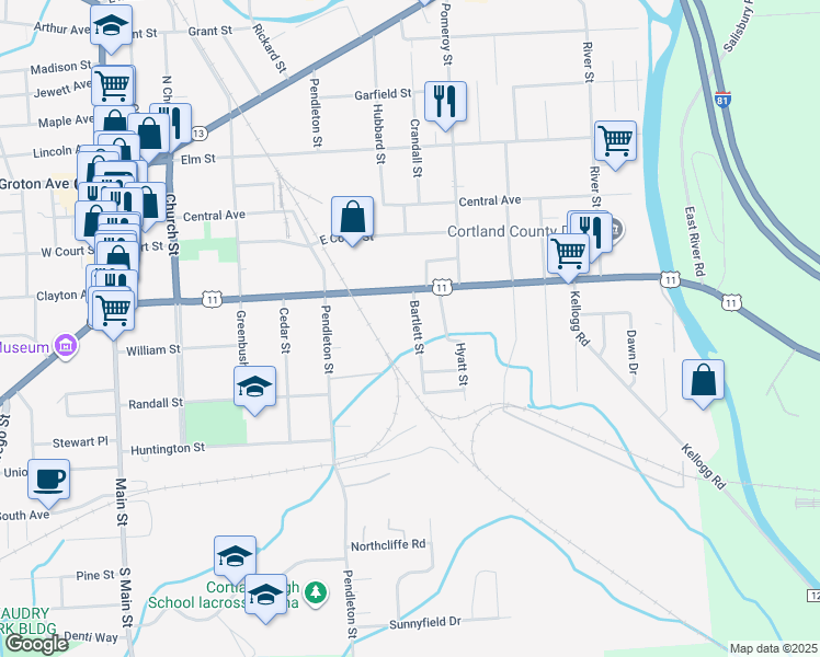 map of restaurants, bars, coffee shops, grocery stores, and more near 16 Bartlett Street in Cortland