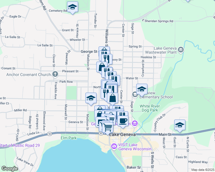 map of restaurants, bars, coffee shops, grocery stores, and more near Broad Street in Lake Geneva