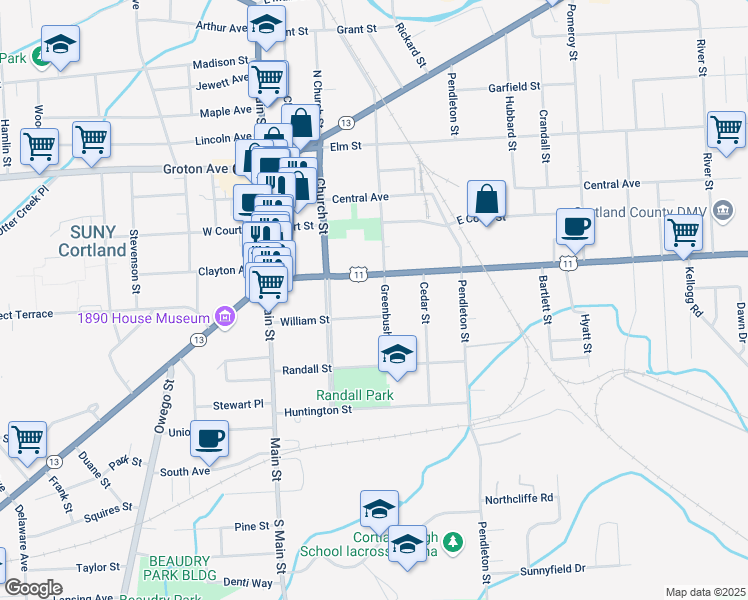 map of restaurants, bars, coffee shops, grocery stores, and more near 70 Greenbush Street in Cortland