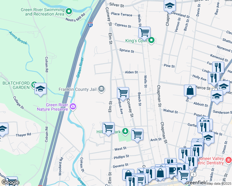 map of restaurants, bars, coffee shops, grocery stores, and more near 86 Columbus Ave in Greenfield