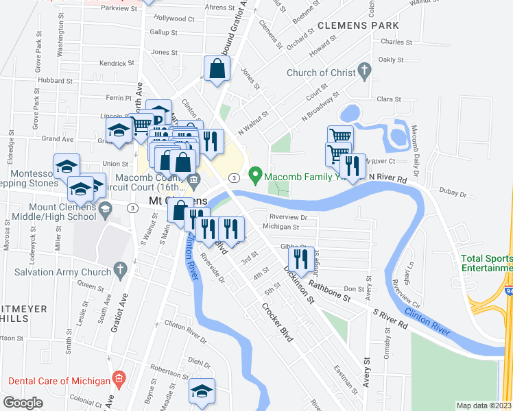 map of restaurants, bars, coffee shops, grocery stores, and more near 27 Dickinson Street in Mount Clemens
