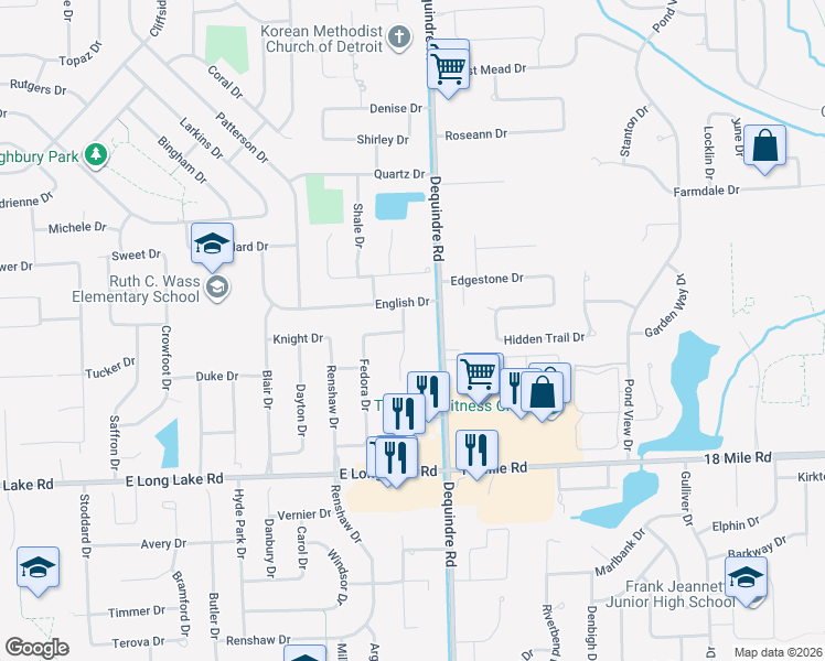 map of restaurants, bars, coffee shops, grocery stores, and more near 5324 Windmill Drive in Troy