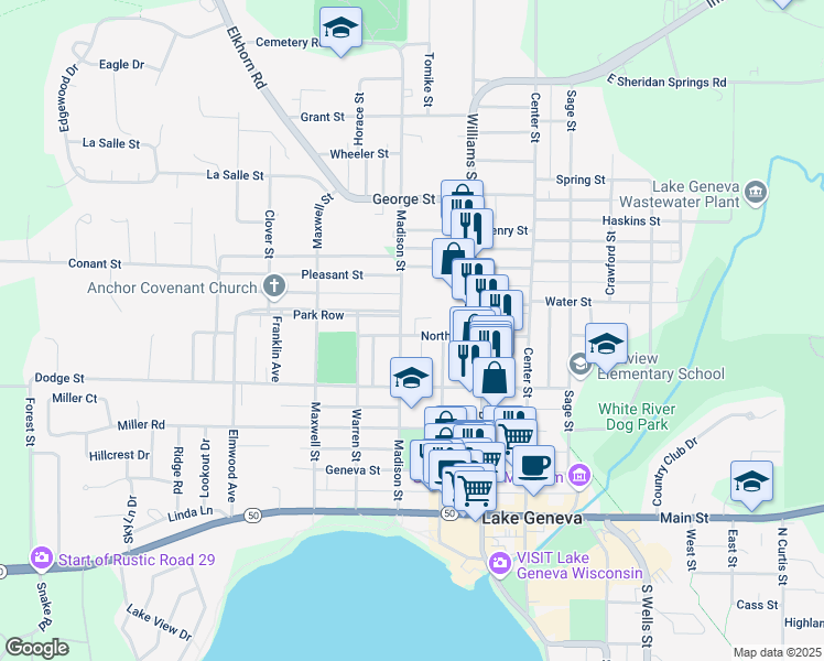 map of restaurants, bars, coffee shops, grocery stores, and more near 605 Madison Street in Lake Geneva