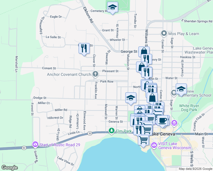 map of restaurants, bars, coffee shops, grocery stores, and more near Maxwell Street in Lake Geneva