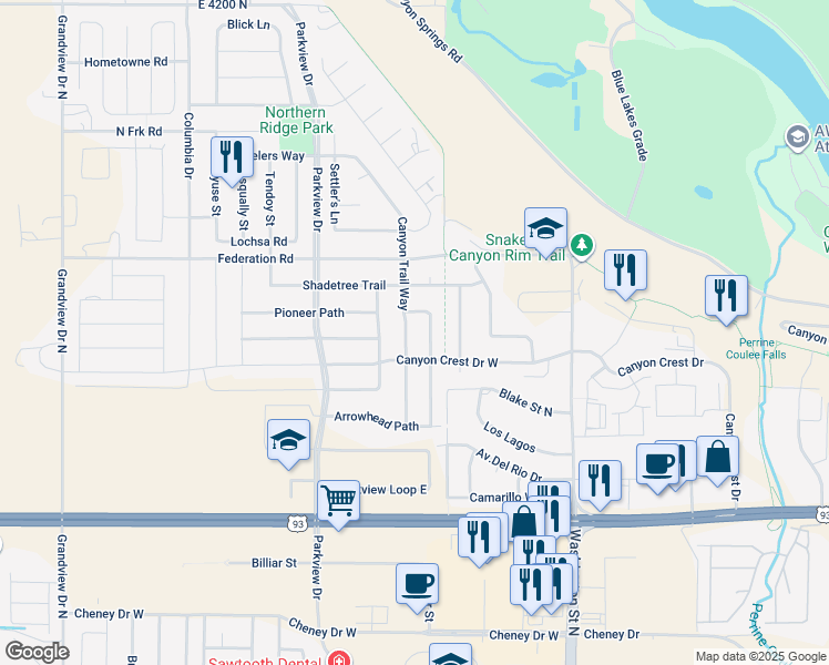map of restaurants, bars, coffee shops, grocery stores, and more near 1982 Canyon Trail Way in Twin Falls