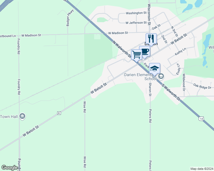 map of restaurants, bars, coffee shops, grocery stores, and more near 315 West Beloit Street in Darien