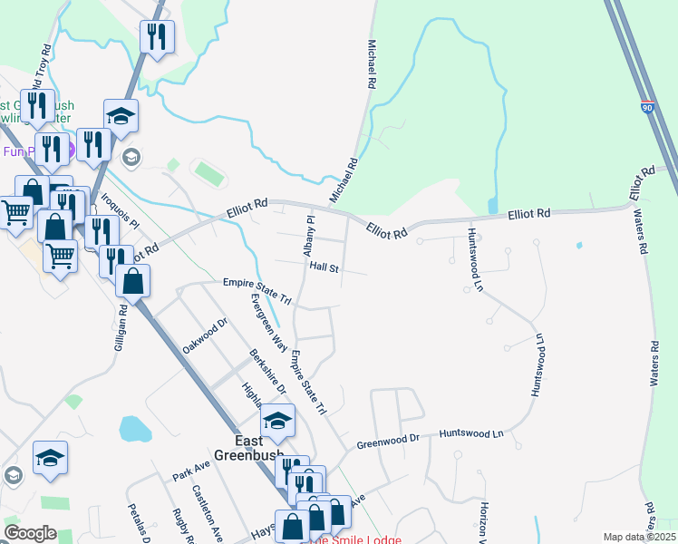 map of restaurants, bars, coffee shops, grocery stores, and more near 25 Hall Street in East Greenbush