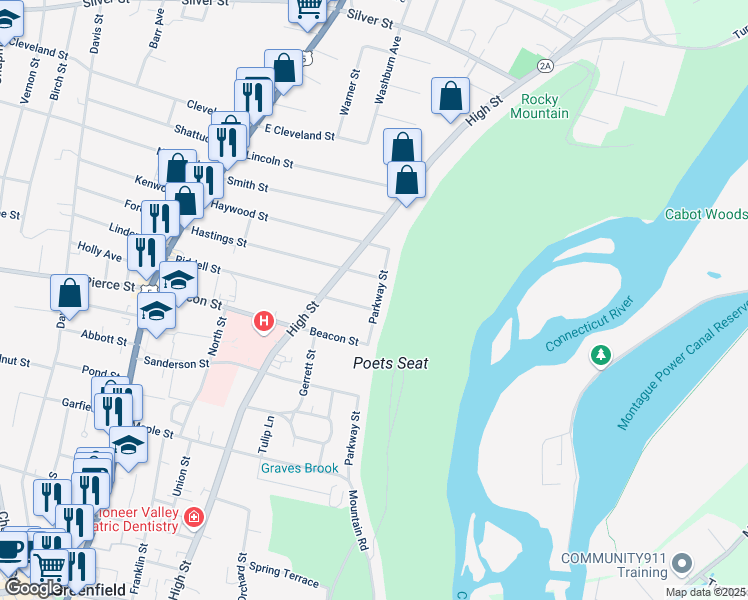 map of restaurants, bars, coffee shops, grocery stores, and more near 114-150 Parkway St in Greenfield