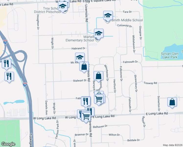 map of restaurants, bars, coffee shops, grocery stores, and more near 5403 Livernois Road in Troy