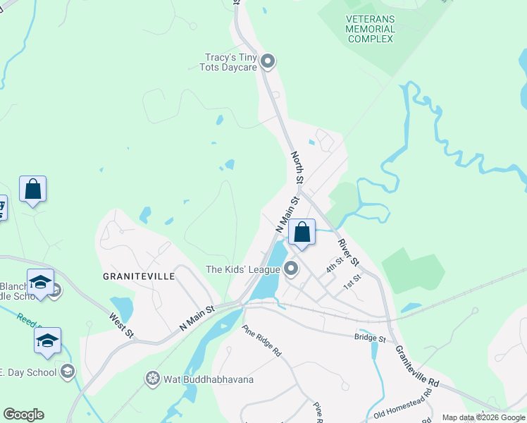 map of restaurants, bars, coffee shops, grocery stores, and more near 13 North Main Street in Westford