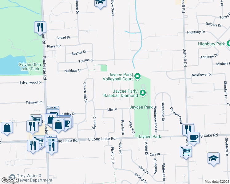 map of restaurants, bars, coffee shops, grocery stores, and more near 5366 Rangemore Drive in Troy