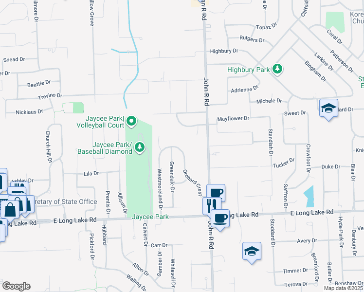 map of restaurants, bars, coffee shops, grocery stores, and more near 5370 Orchard Crest in Troy