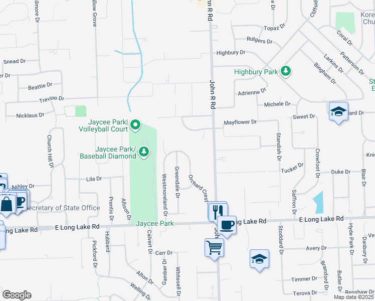 map of restaurants, bars, coffee shops, grocery stores, and more near 5370 Orchard Crest in Troy