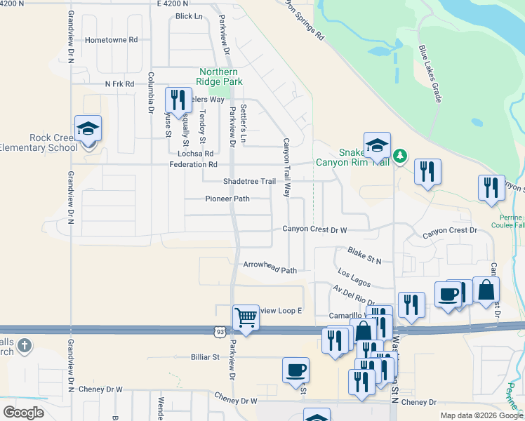 map of restaurants, bars, coffee shops, grocery stores, and more near 416 Hidden Trail Lane in Twin Falls
