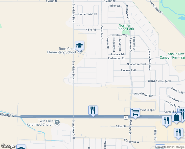 map of restaurants, bars, coffee shops, grocery stores, and more near 783 White Tail Drive in Twin Falls