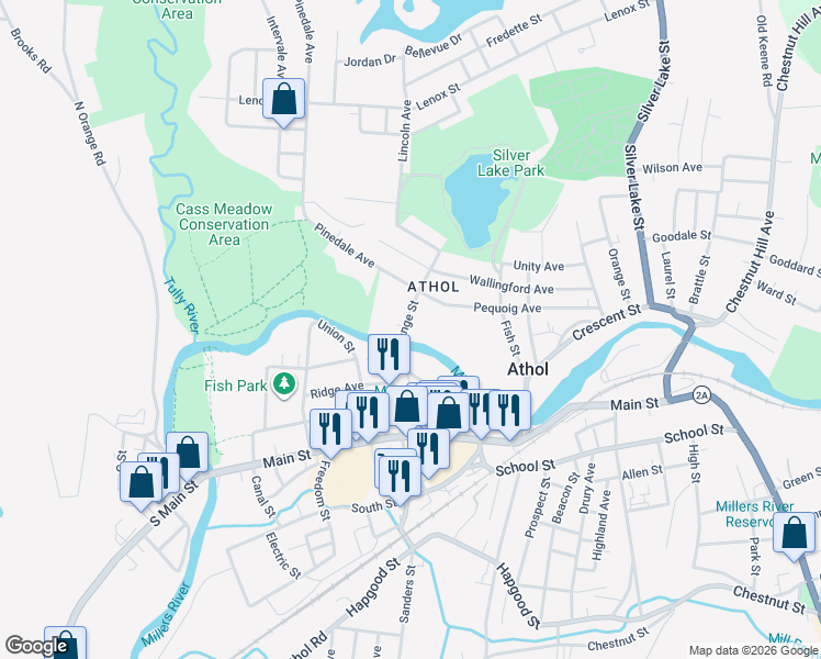 map of restaurants, bars, coffee shops, grocery stores, and more near 375 Exchange Street in Athol