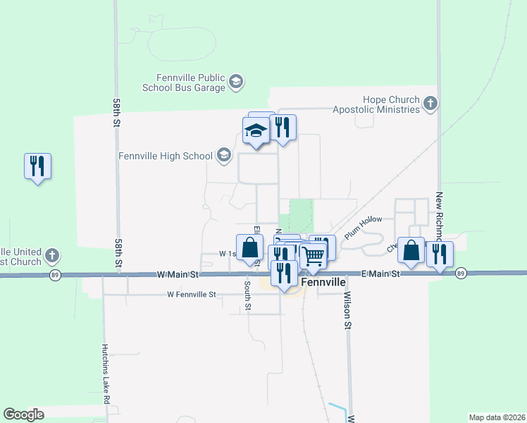 map of restaurants, bars, coffee shops, grocery stores, and more near 415 Elizabeth Street in Fennville