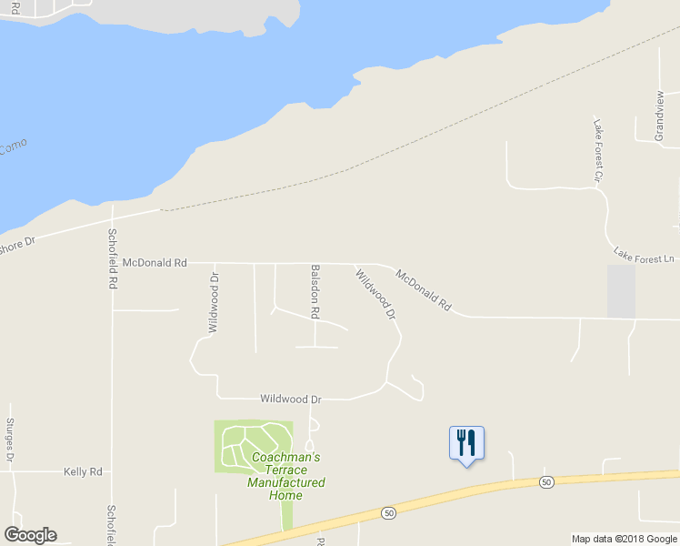 map of restaurants, bars, coffee shops, grocery stores, and more near W3491 McDonald Road in Lake Geneva