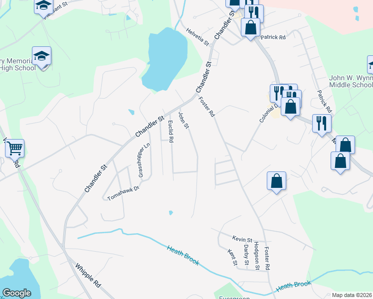 map of restaurants, bars, coffee shops, grocery stores, and more near 51 John Street in Tewksbury