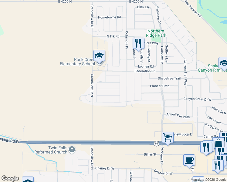 map of restaurants, bars, coffee shops, grocery stores, and more near 783 White Tail Drive in Twin Falls