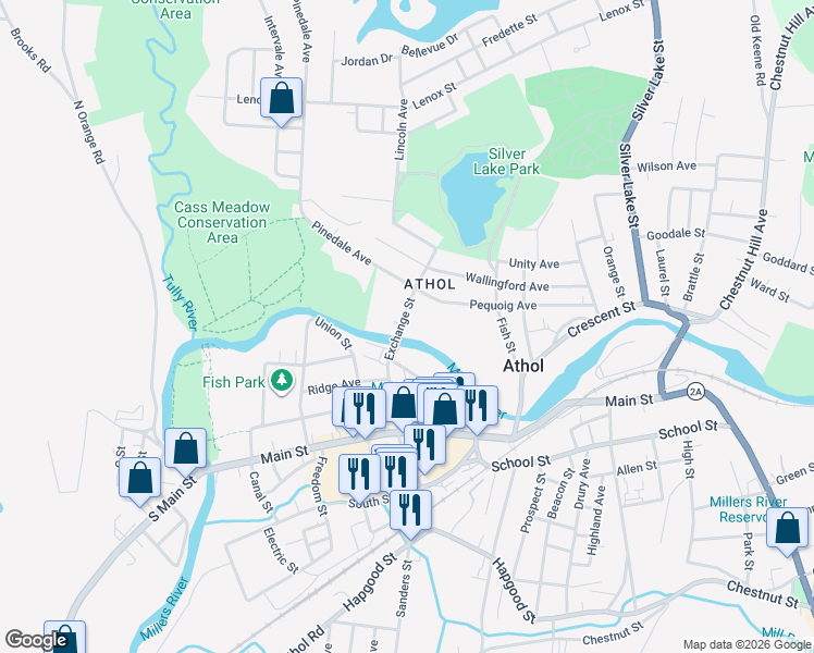 map of restaurants, bars, coffee shops, grocery stores, and more near 375 Exchange Street in Athol