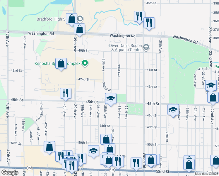 map of restaurants, bars, coffee shops, grocery stores, and more near 4310 34th Avenue in Kenosha