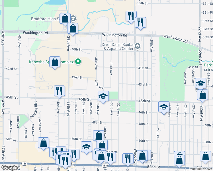 map of restaurants, bars, coffee shops, grocery stores, and more near 4310 34th Avenue in Kenosha