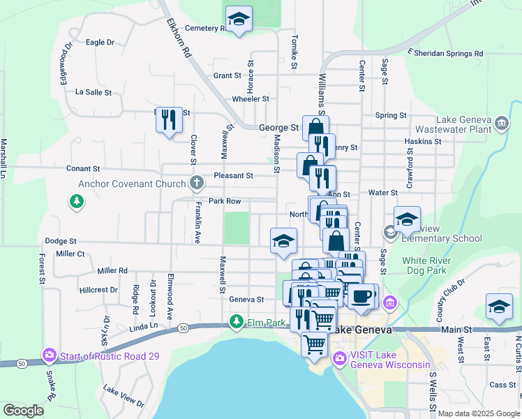 map of restaurants, bars, coffee shops, grocery stores, and more near 1035 North Street in Lake Geneva
