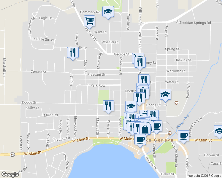 map of restaurants, bars, coffee shops, grocery stores, and more near 1035 North Street in Lake Geneva