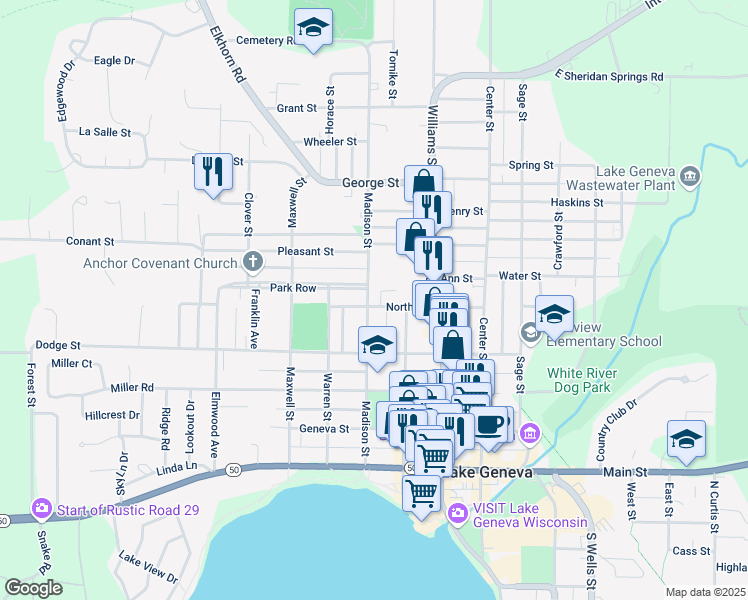 map of restaurants, bars, coffee shops, grocery stores, and more near 605 Madison Street in Lake Geneva