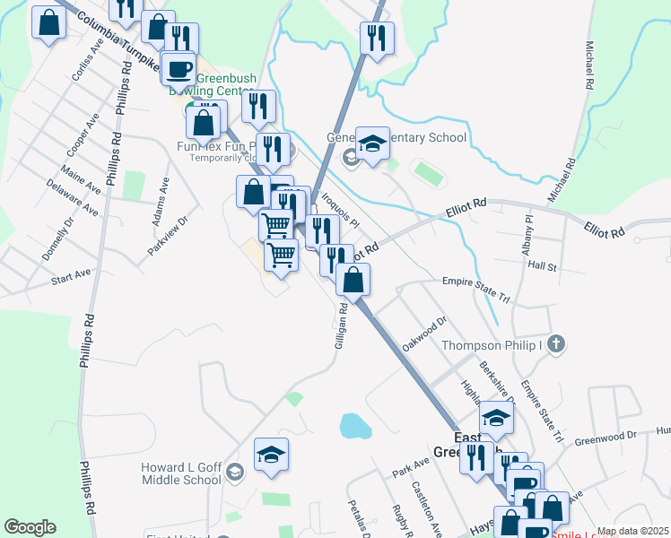 map of restaurants, bars, coffee shops, grocery stores, and more near Columbia Turnpike & Elliot Road in East Greenbush