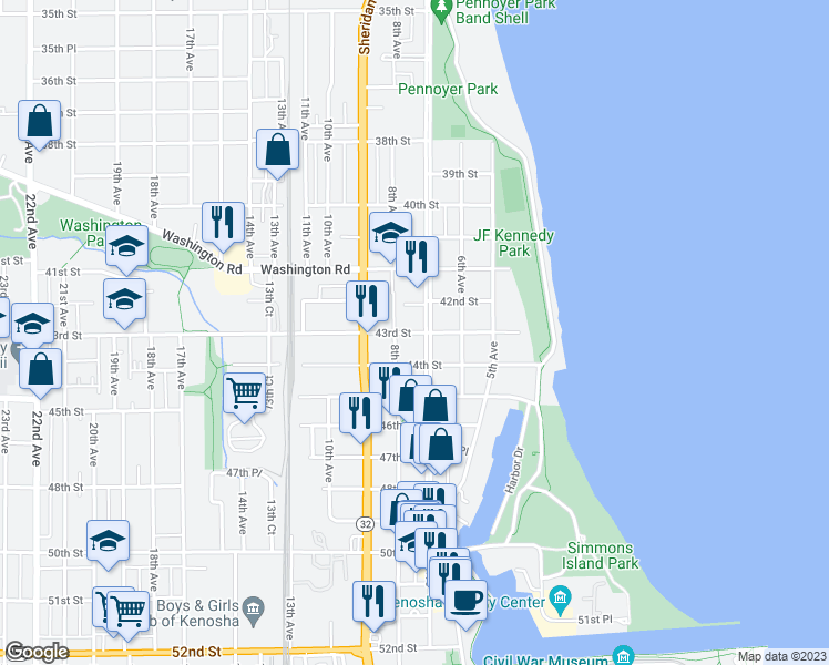 map of restaurants, bars, coffee shops, grocery stores, and more near 708 43rd Street in Kenosha