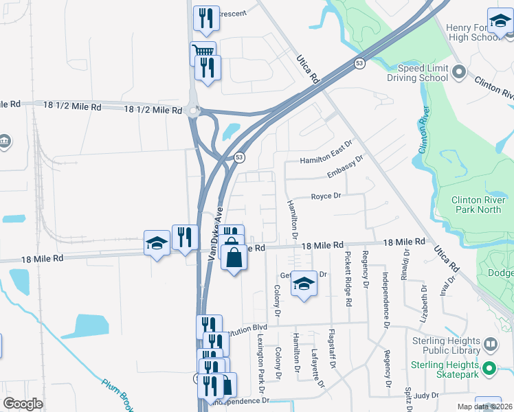 map of restaurants, bars, coffee shops, grocery stores, and more near Ludington Drive in Sterling Heights
