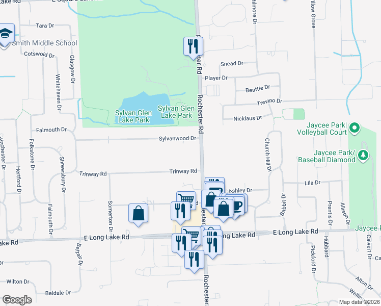 map of restaurants, bars, coffee shops, grocery stores, and more near 5353 Rochester Road in Troy