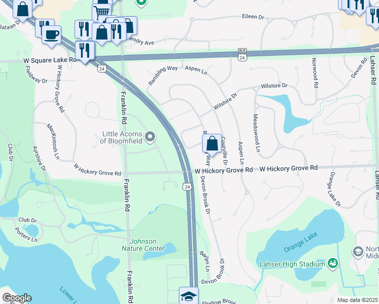 map of restaurants, bars, coffee shops, grocery stores, and more near 2848 Rossmoor Circle in Oakland County