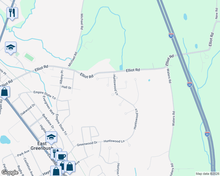 map of restaurants, bars, coffee shops, grocery stores, and more near 4 Foxwood Circle in East Greenbush
