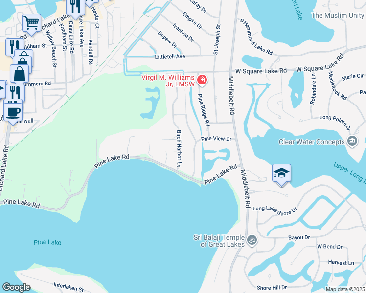 map of restaurants, bars, coffee shops, grocery stores, and more near 2819 Birch Harbor Lane in Oakland County