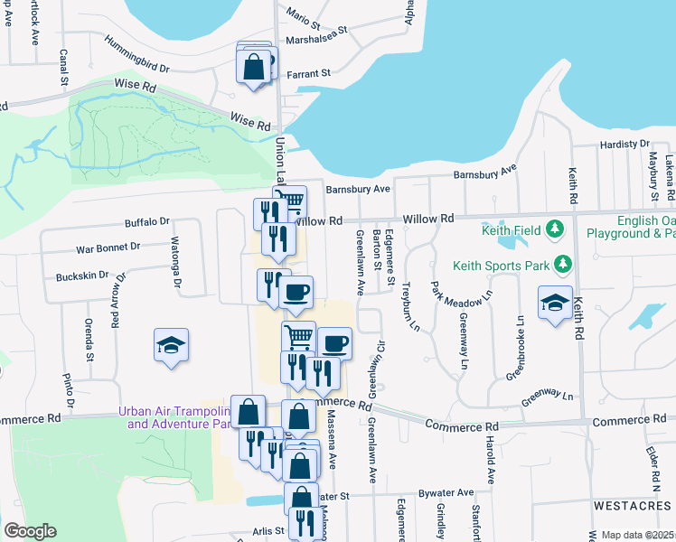 map of restaurants, bars, coffee shops, grocery stores, and more near 2635 Massena Avenue in Commerce Charter Township