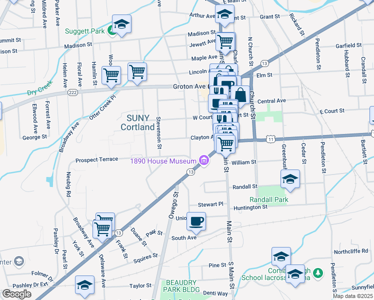 map of restaurants, bars, coffee shops, grocery stores, and more near 15 Prospect Terrace in Cortland