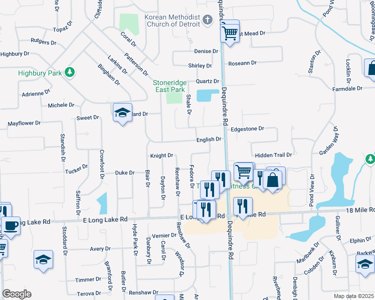 map of restaurants, bars, coffee shops, grocery stores, and more near 5298 Renshaw Drive in Troy