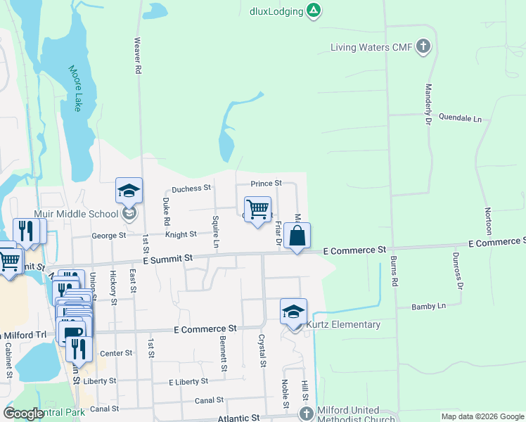 map of restaurants, bars, coffee shops, grocery stores, and more near 1114 Queen Street in Milford Charter Township