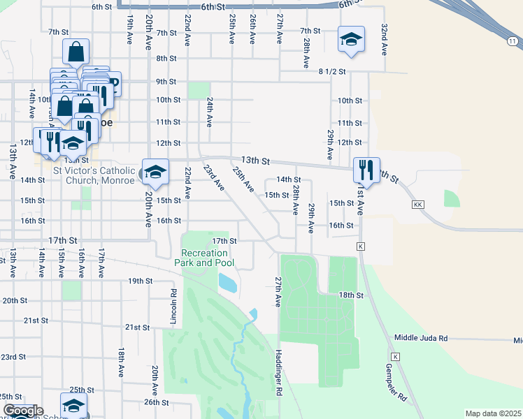 map of restaurants, bars, coffee shops, grocery stores, and more near 2415 16th Street in Monroe